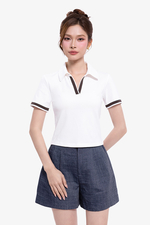 Áo thun cotton trắng cổ polo phối viền nâu