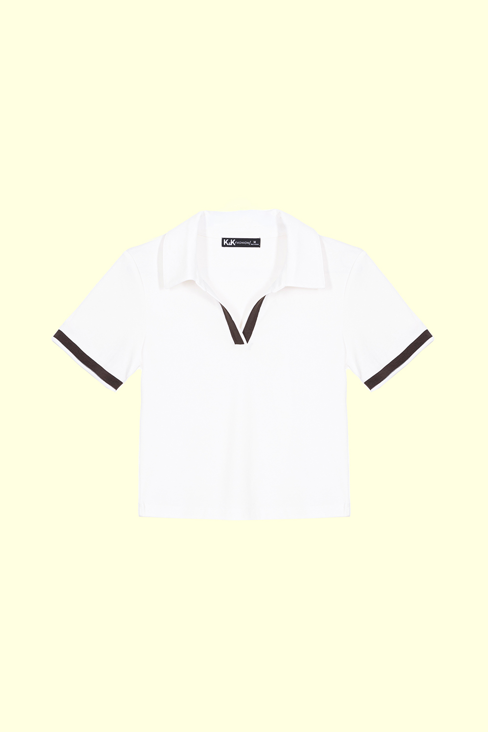 Áo thun cotton trắng cổ polo phối viền nâu