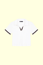 Áo thun cotton trắng cổ polo phối viền nâu