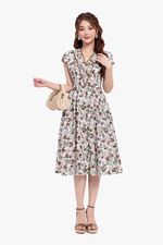 Đầm linen hoa nhí cổ V phối ren