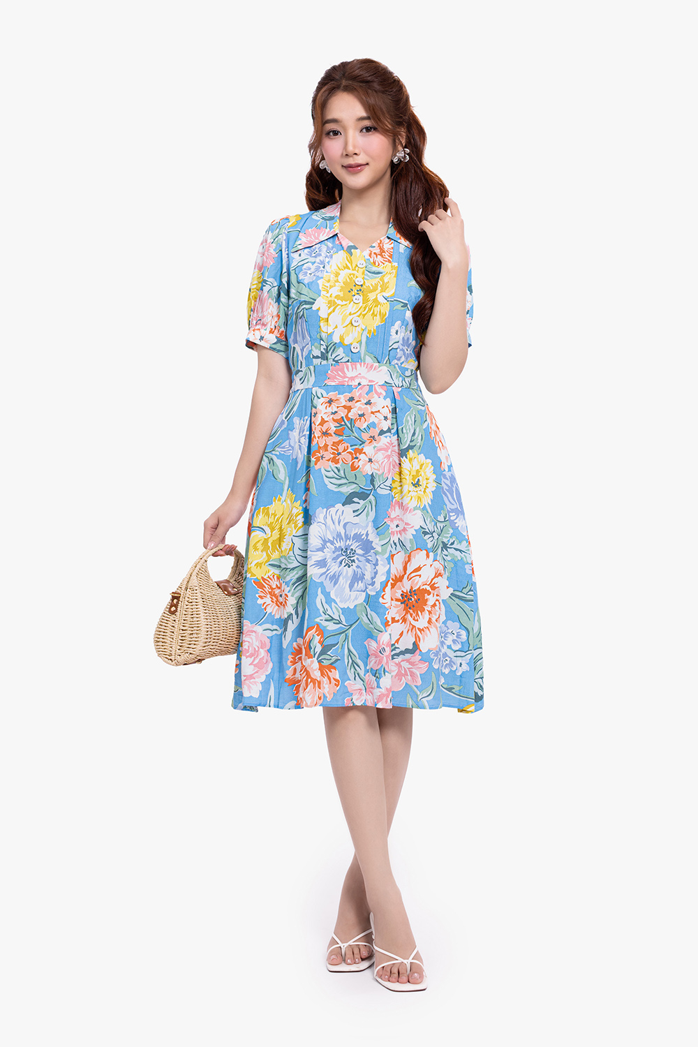 Đầm linen hoa dáng chữ A xòe
