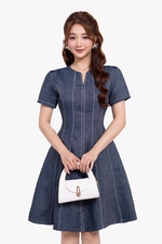 Đầm xòe jean denim phối chỉ trắng