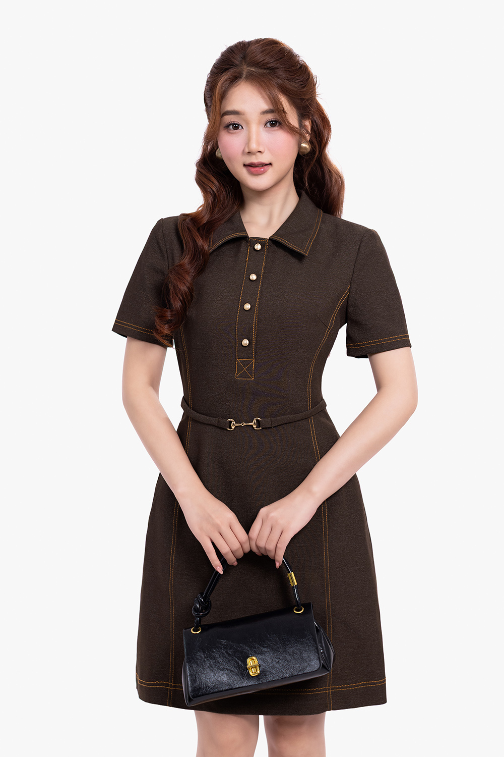 Đầm công sở chữ A màu nâu phối chỉ nổi