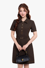 Đầm công sở chữ A màu nâu phối chỉ nổi