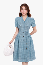 Đầm caro trắng xanh dáng xòe