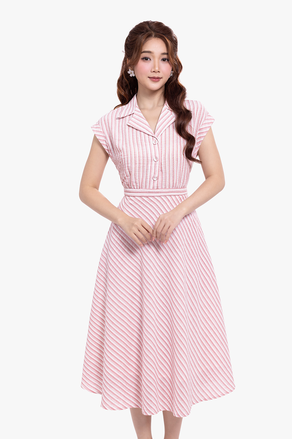 Đầm kẻ sọc dáng xòe nhấn eo cổ đan tông