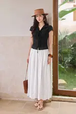 Áo kiểu xô thêu màu đen phối thắt nơ