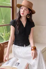 Áo kiểu xô thêu màu đen phối thắt nơ