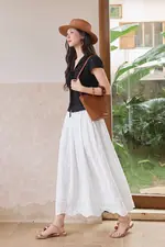 Áo kiểu xô thêu màu đen phối thắt nơ
