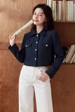 Áo khoác jean lửng tay dài cổ sơ mi