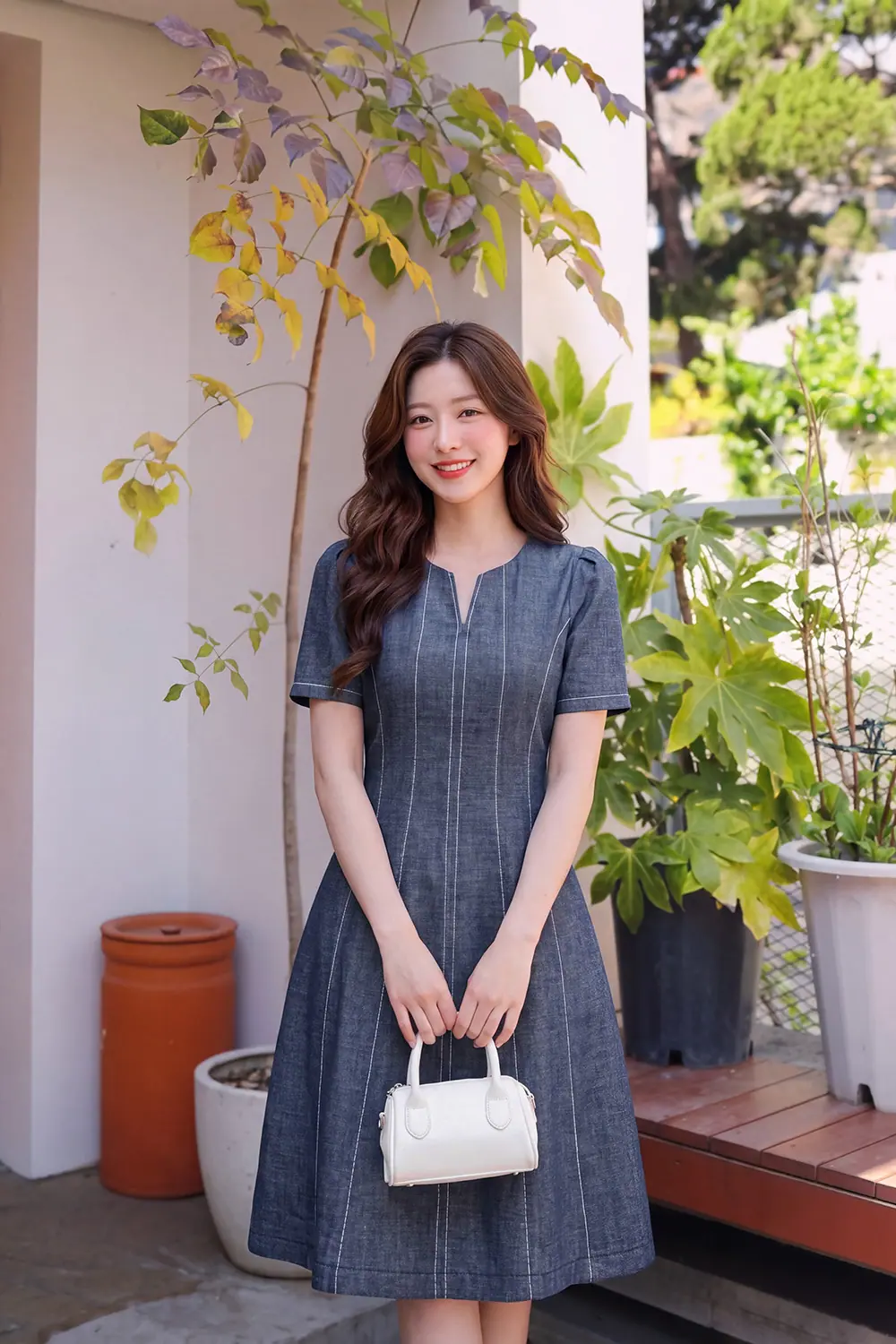 Đầm xòe jean denim phối chỉ trắng