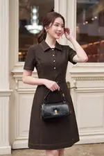 Đầm công sở chữ A màu nâu phối chỉ nổi