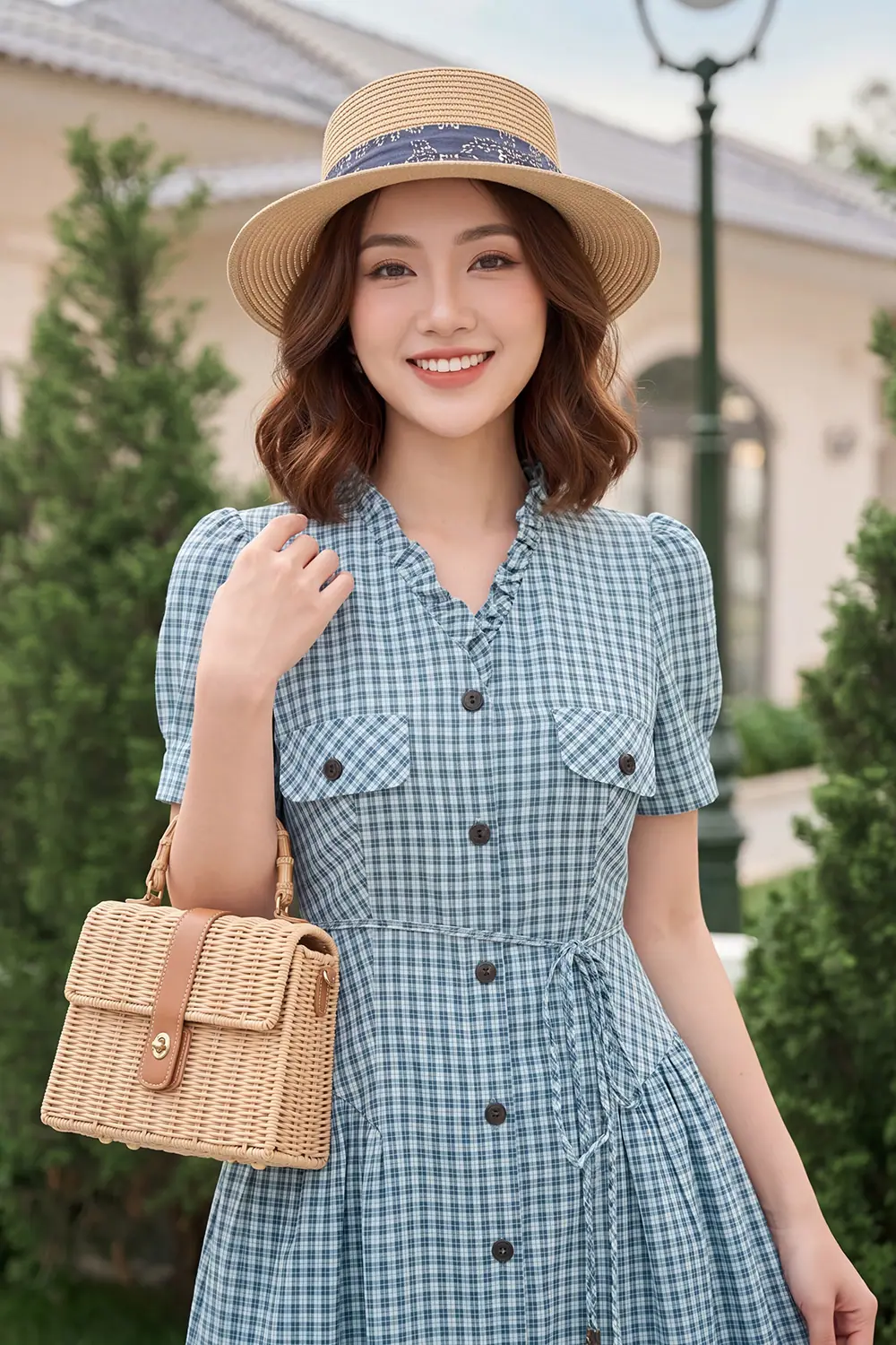 Đầm caro trắng xanh dáng xòe