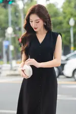 Đầm voan đen dáng xòe phối nơ