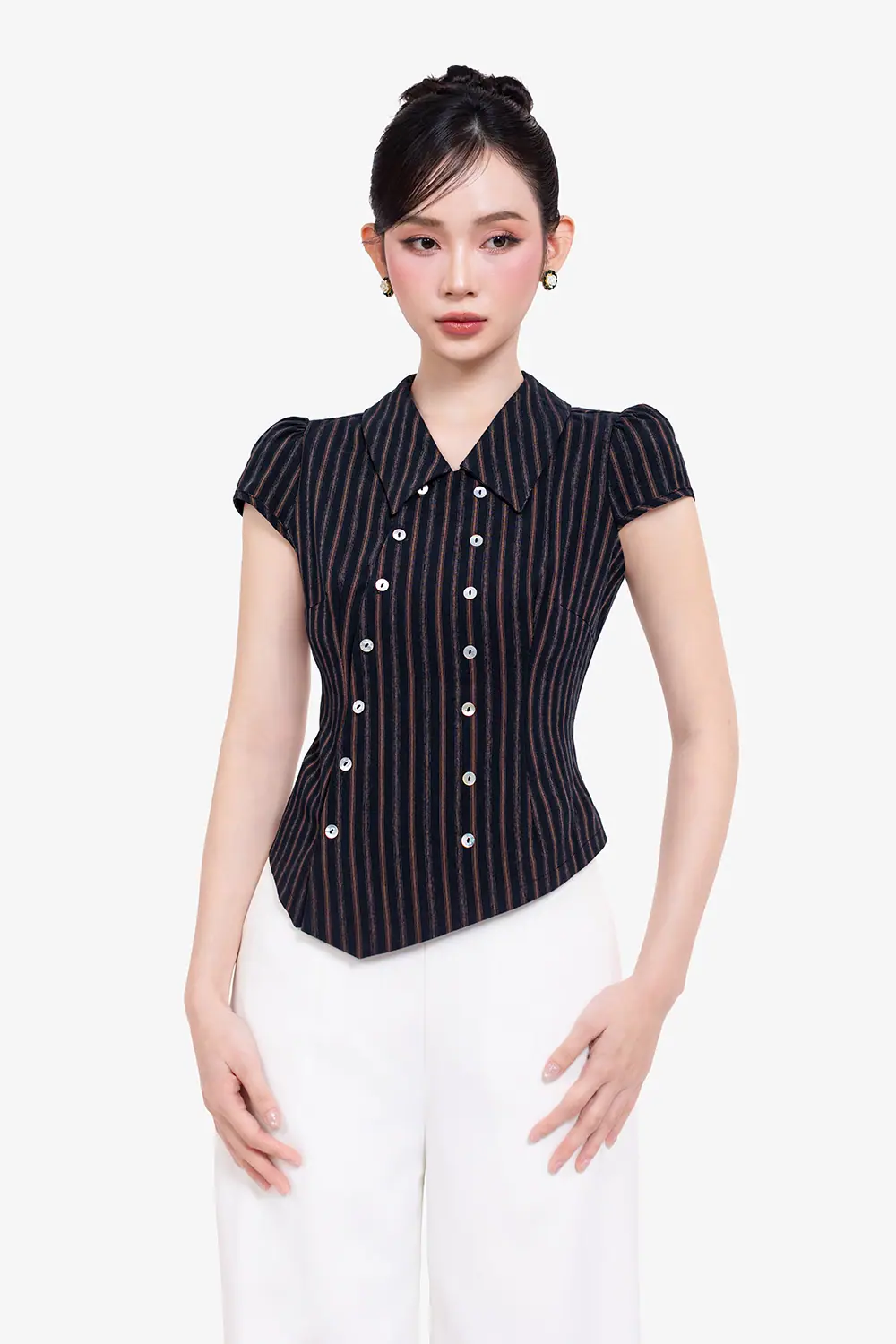 Áo kiểu nữ kẻ sọc phối nút