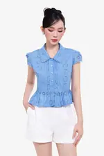 Áo kiểu peplum xô thêu cổ sơ mi viền ren