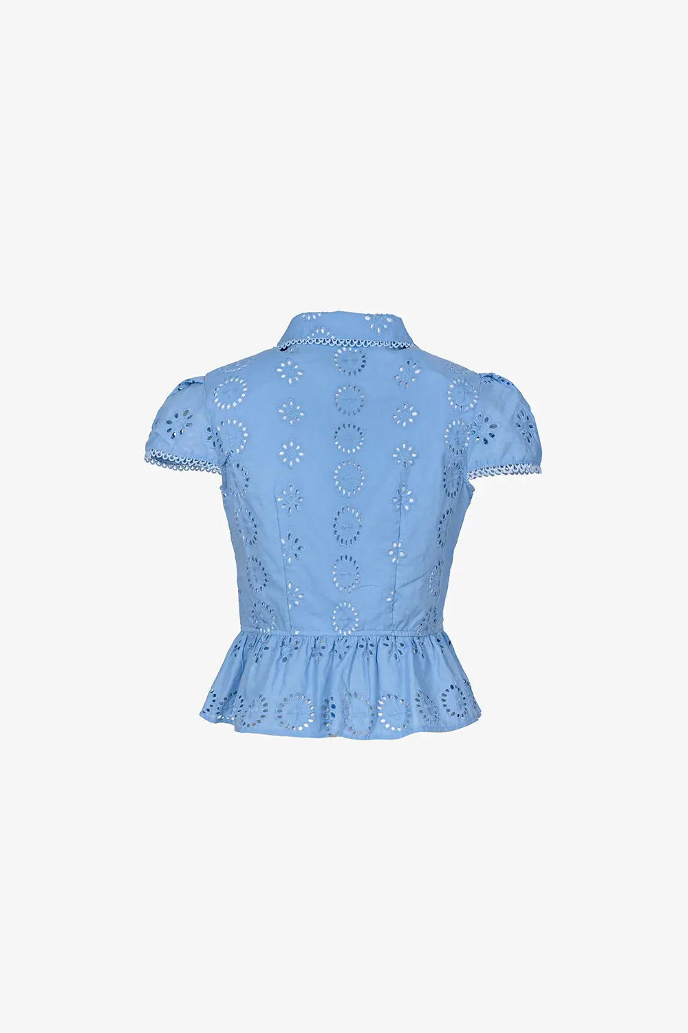 Áo kiểu peplum xô thêu cổ sơ mi viền ren