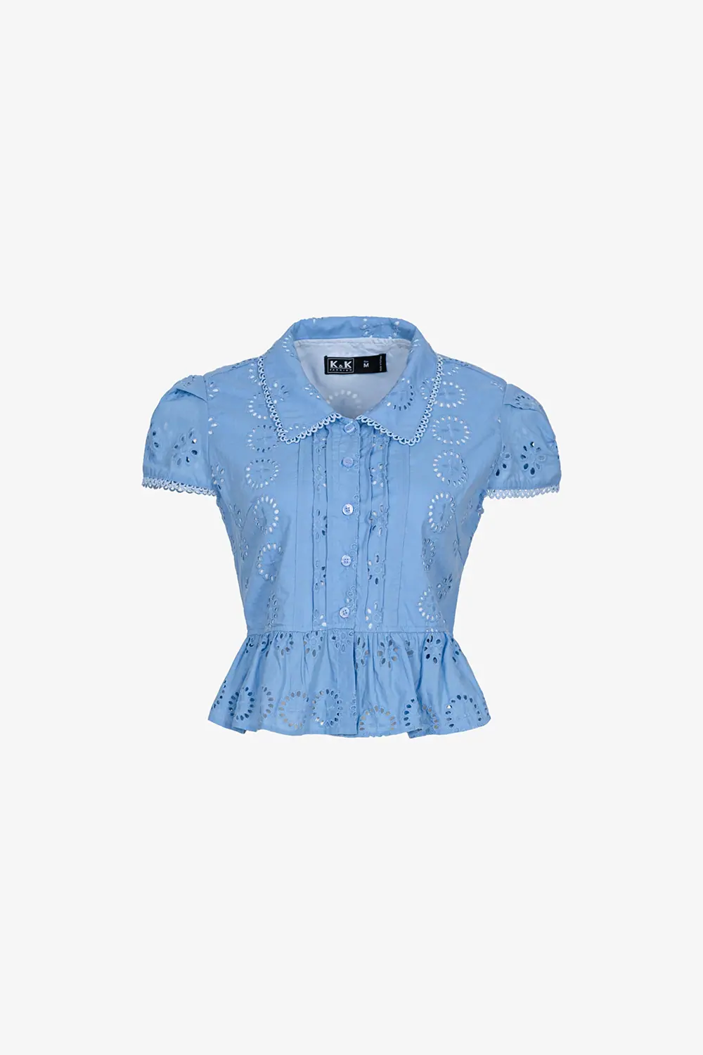 Áo kiểu peplum xô thêu cổ sơ mi viền ren