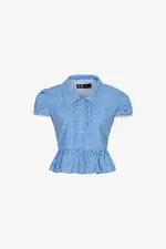 Áo kiểu peplum xô thêu cổ sơ mi viền ren