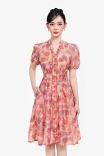 Đầm voan tơ hoa dáng xòe chiết eo