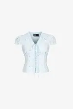 Áo kiểu xô thêu màu xanh phối thắt nơ