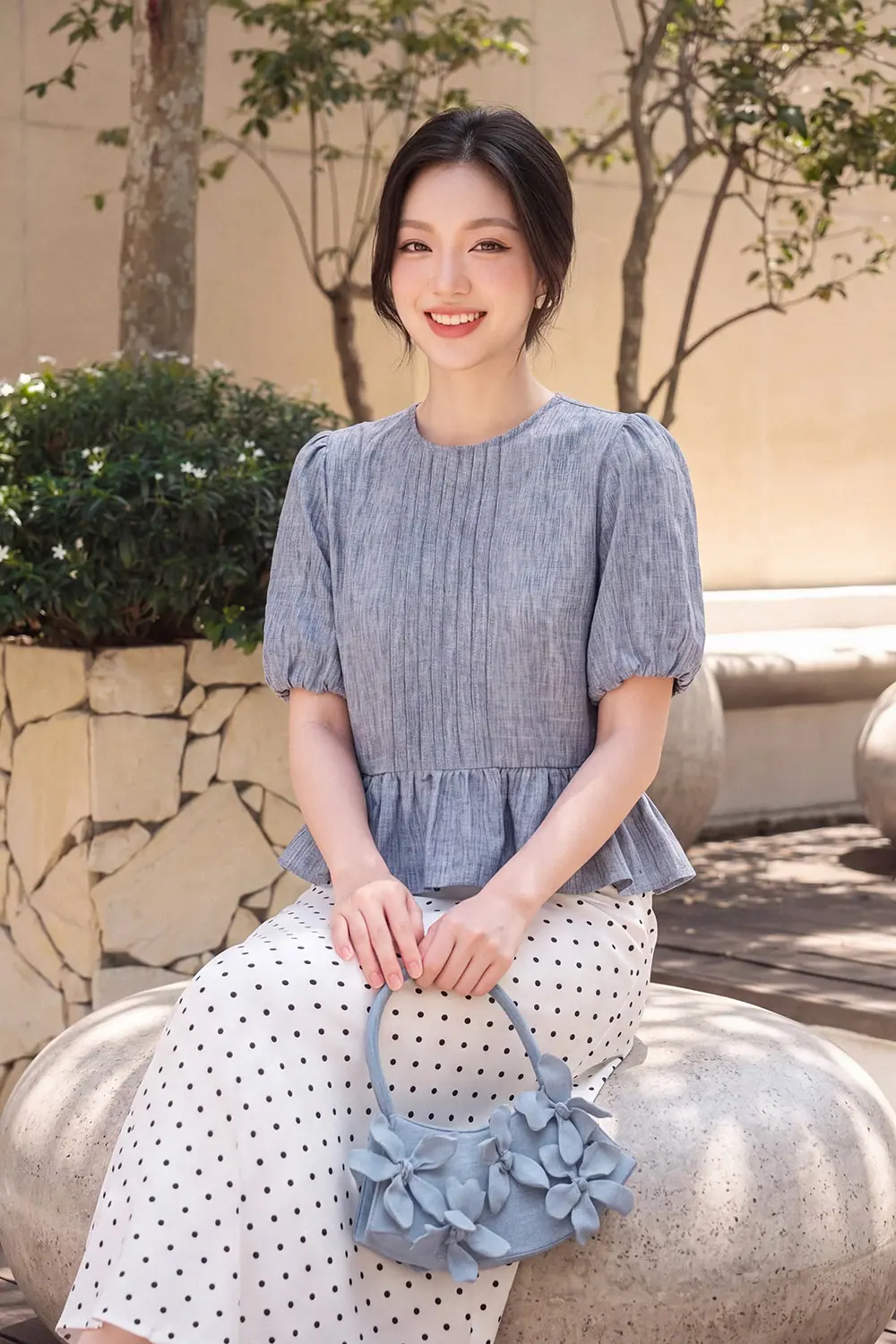 Áo babydoll denim tay phồng
