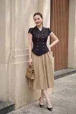 Áo kiểu nữ kẻ sọc phối nút