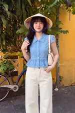 Áo kiểu peplum xô thêu cổ sơ mi viền ren
