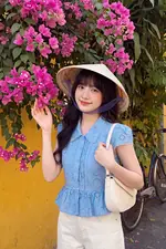 Áo kiểu peplum xô thêu cổ sơ mi viền ren