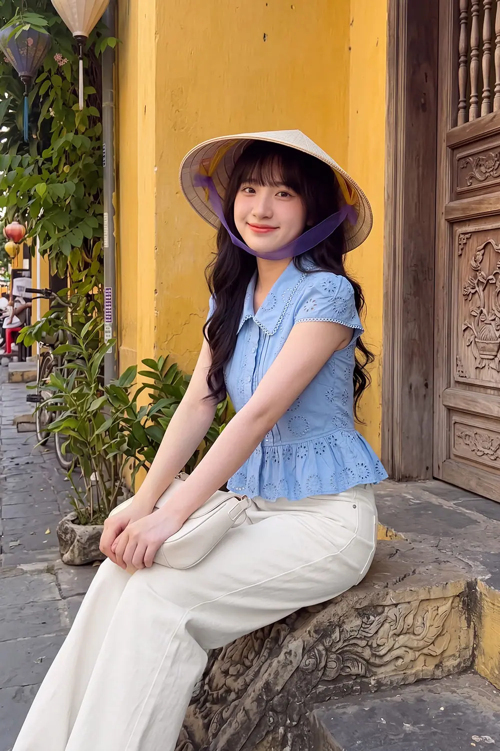 Áo kiểu peplum xô thêu cổ sơ mi viền ren