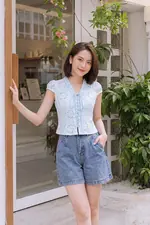Áo kiểu xô thêu màu xanh phối thắt nơ