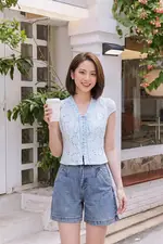 Áo kiểu xô thêu màu xanh phối thắt nơ