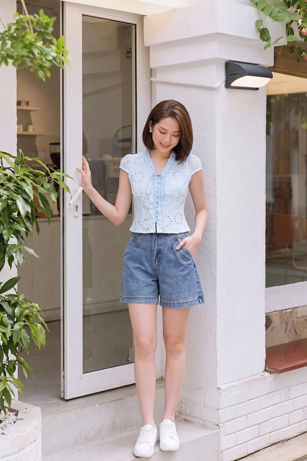 Áo kiểu xô thêu màu xanh phối thắt nơ