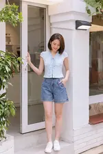 Áo kiểu xô thêu màu xanh phối thắt nơ
