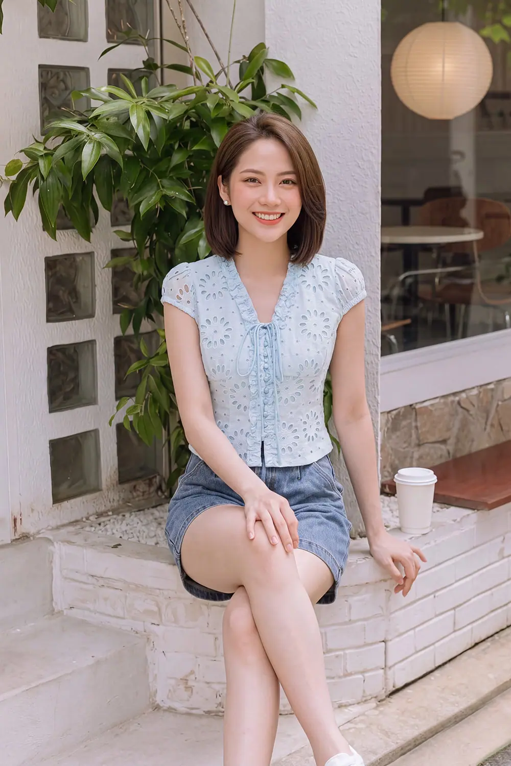Áo kiểu xô thêu màu xanh phối thắt nơ