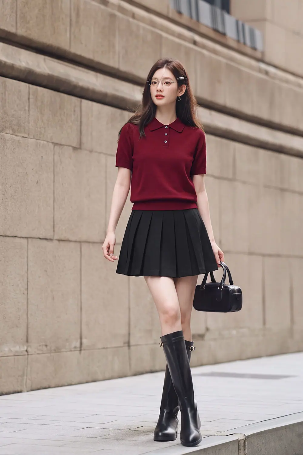 Áo len dệt kim cổ polo màu đỏ