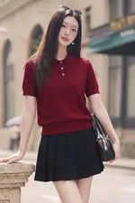 Áo len dệt kim cổ polo màu đỏ