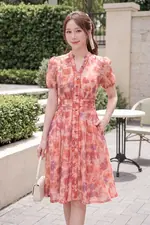 Đầm voan tơ hoa dáng xòe chiết eo