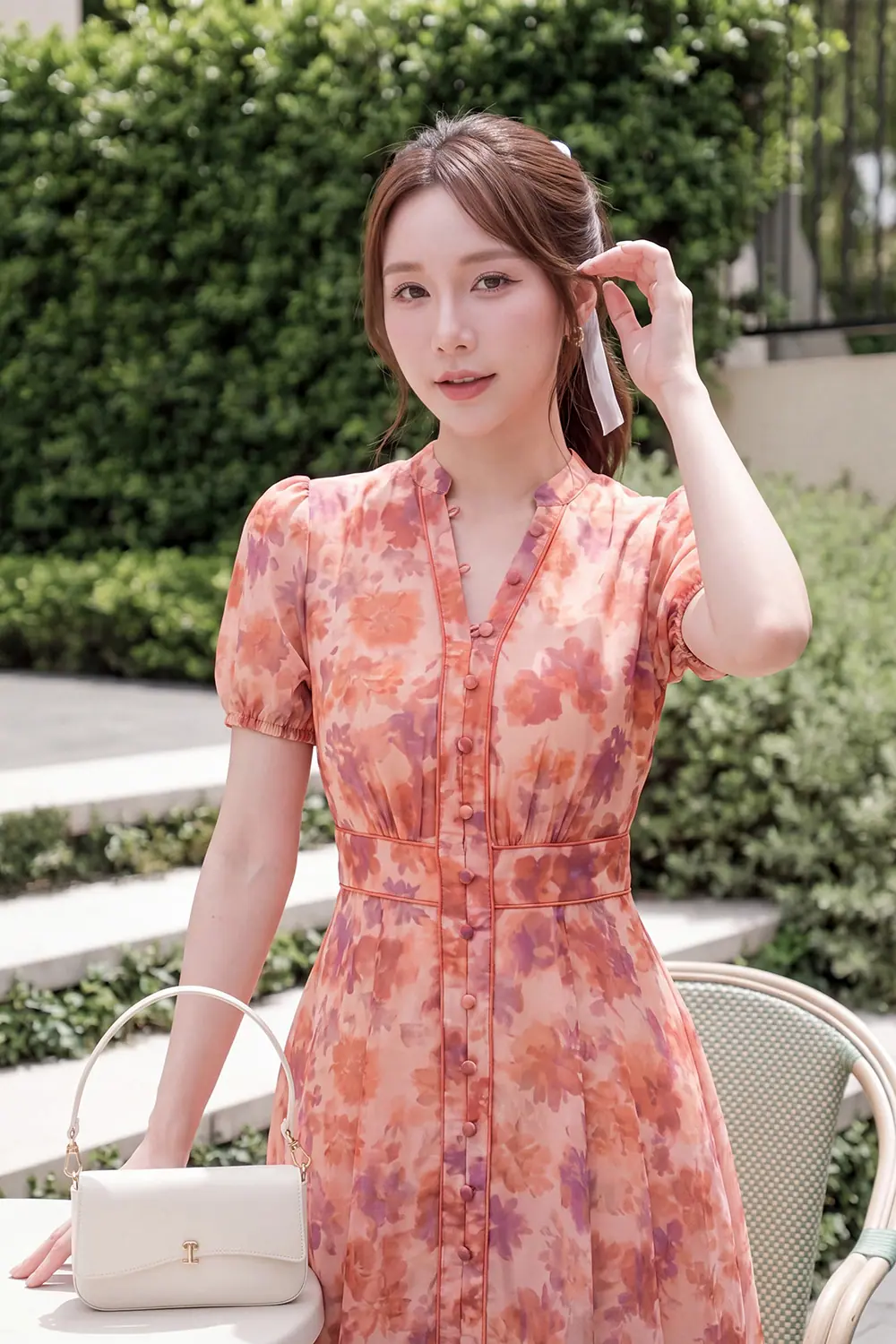 Đầm voan tơ hoa dáng xòe chiết eo