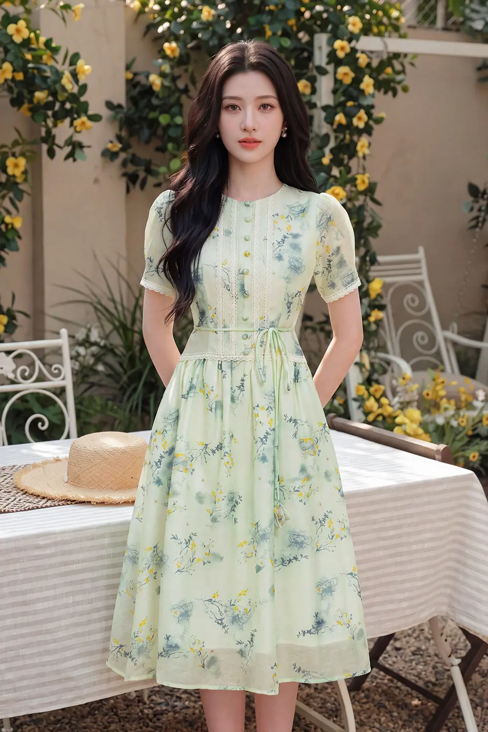 Đầm xòe hoa nhí phối ren nhấn nơ eo