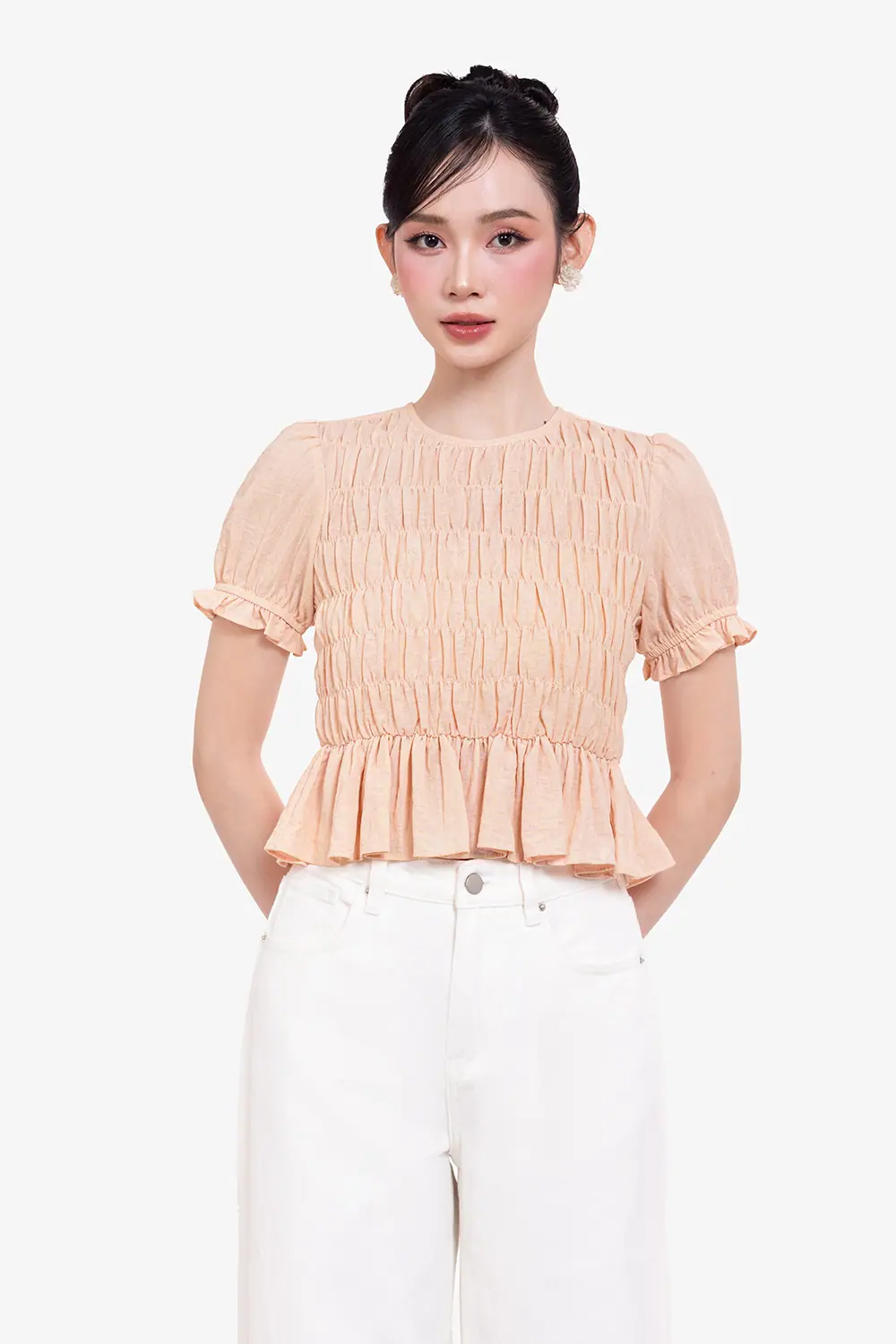 Áo kiểu linen peplum nhún chun tay phồng