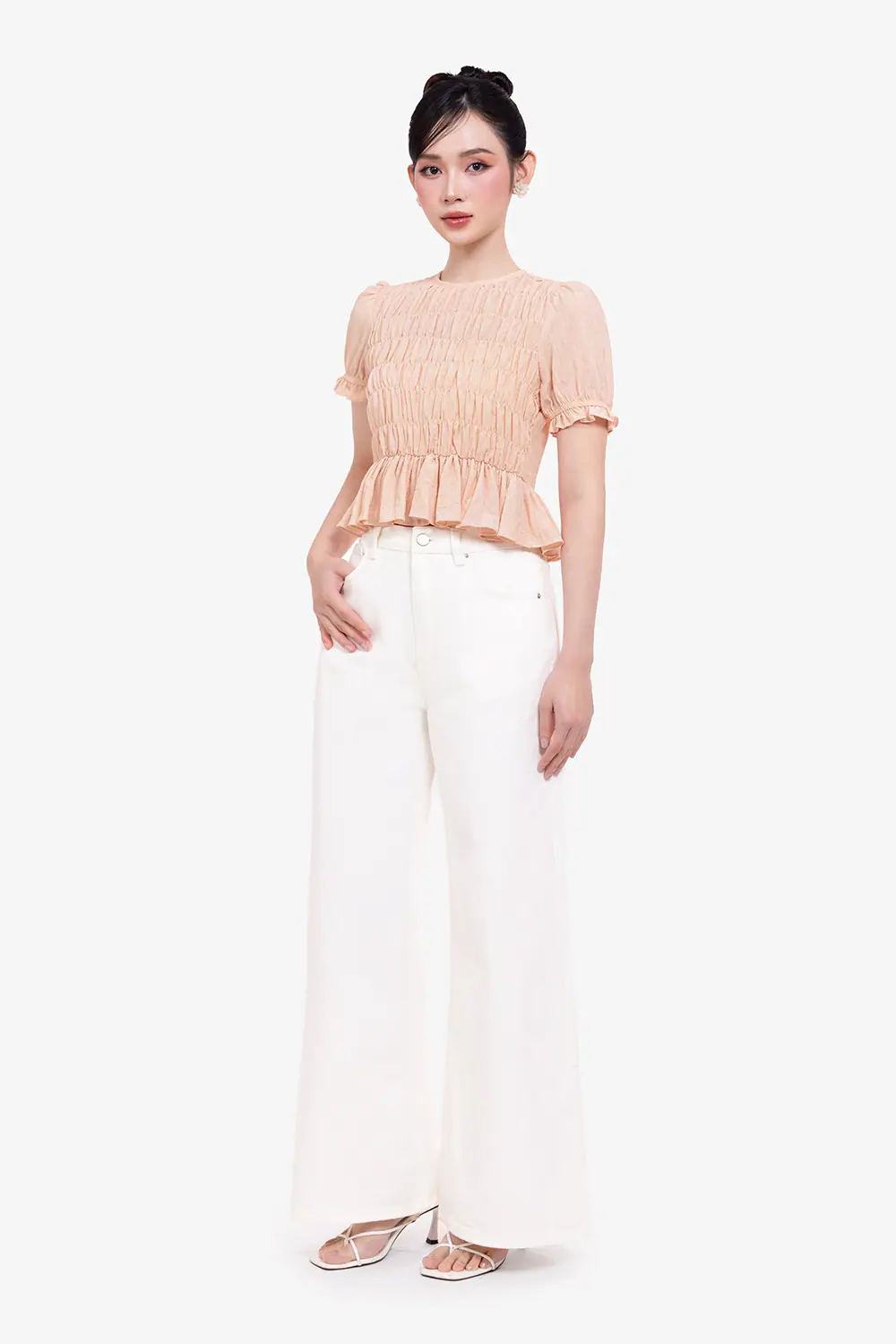Áo kiểu linen peplum nhún chun tay phồng