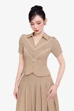 Áo kiểu linen cổ sơ mi phối đăng ten