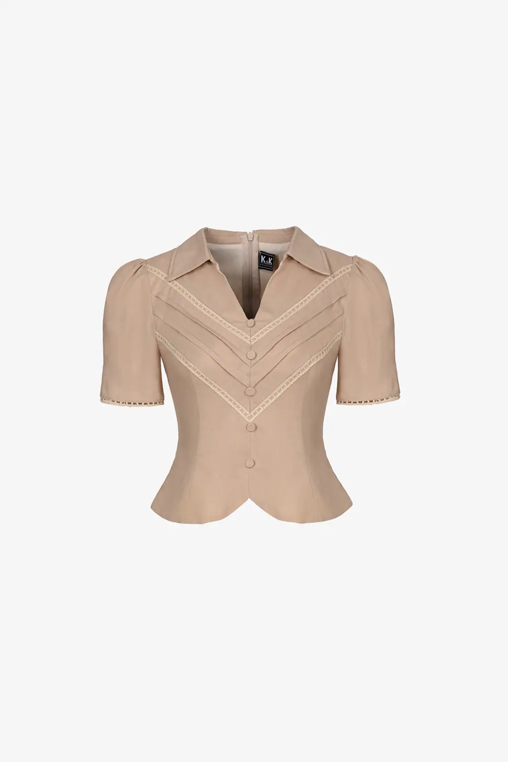 Áo kiểu linen cổ sơ mi phối đăng ten