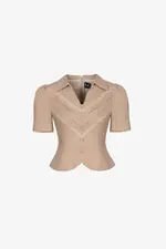 Áo kiểu linen cổ sơ mi phối đăng ten
