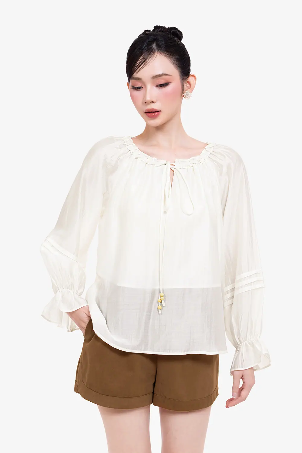 Áo kiểu tơ ngọc trai dáng suông dài tay