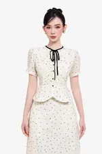 Áo kiểu cotton lụa chấm bi phối nơ