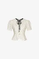 Áo kiểu cotton lụa chấm bi phối nơ