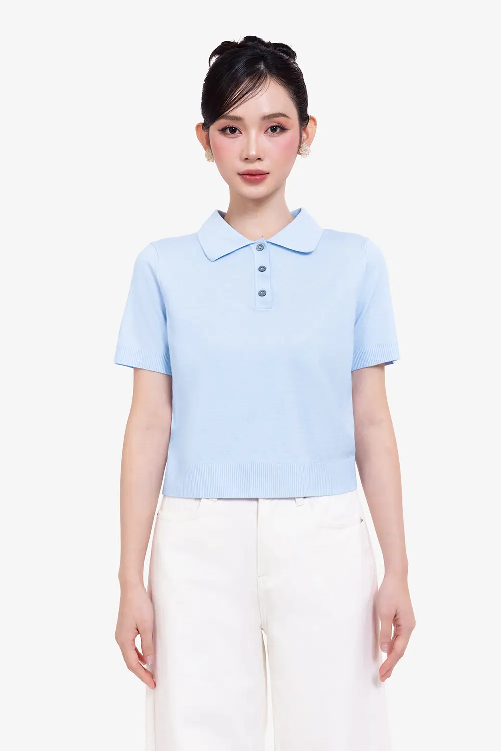 Áo polo len dệt kim màu xanh
