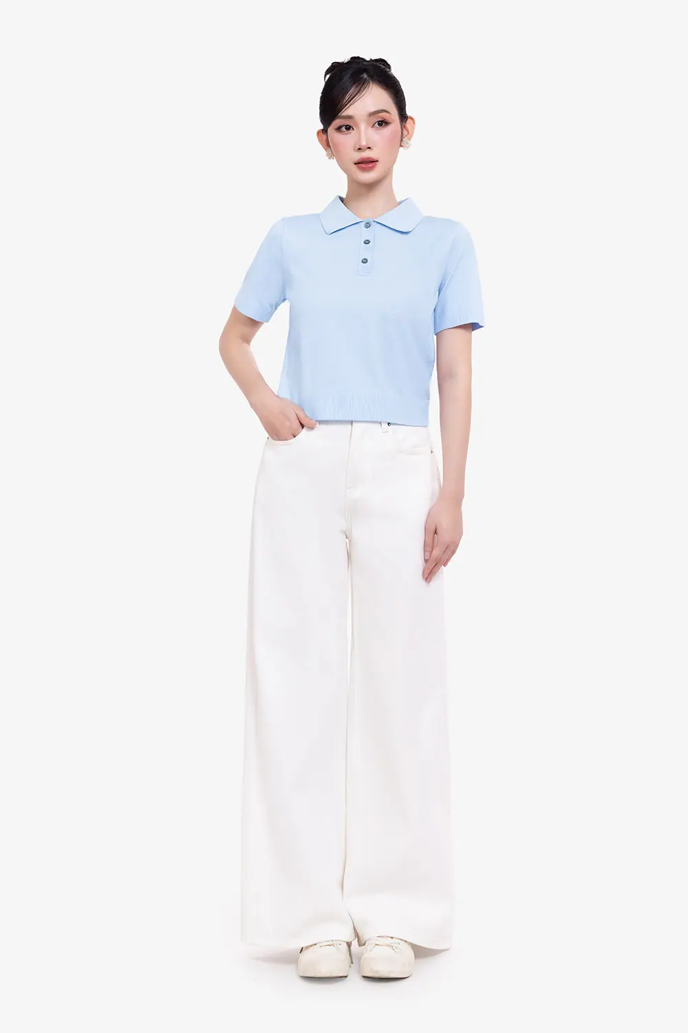 Áo polo len dệt kim màu xanh